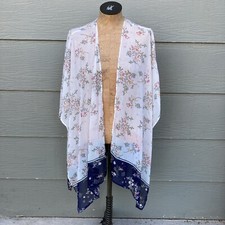 Womens Open Poncho Over Shoulder Cape Top Floral Semi Sheer White w Black Border