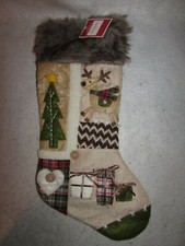 NEW HOLIDAY TIME 20" 3D DEER TREE CHRISTMAS STOCKING FELT/BURLAP BUTTONS FUR