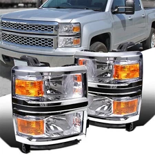 Fit 2014-2015 Chevy Silverado 1500 Pickup Chrome Headlights L+R Replacement