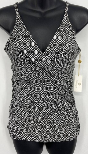 Helen Jon Womens Black White Geometric Tankini Swim Top Medium Underwire Adjust 