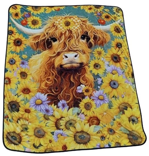 New Highland Cow Plush Throw Blanket Gift Farm Sunflowers Horns Bull Daisies NIP - Picture 2 of 4