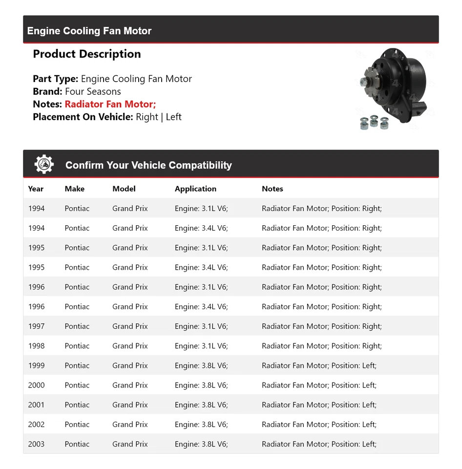 Ventilador de refrigeración del motor Pontiac Grand Prix 1994-2003 4 estaciones 1995 1996 Foto 2 de 4