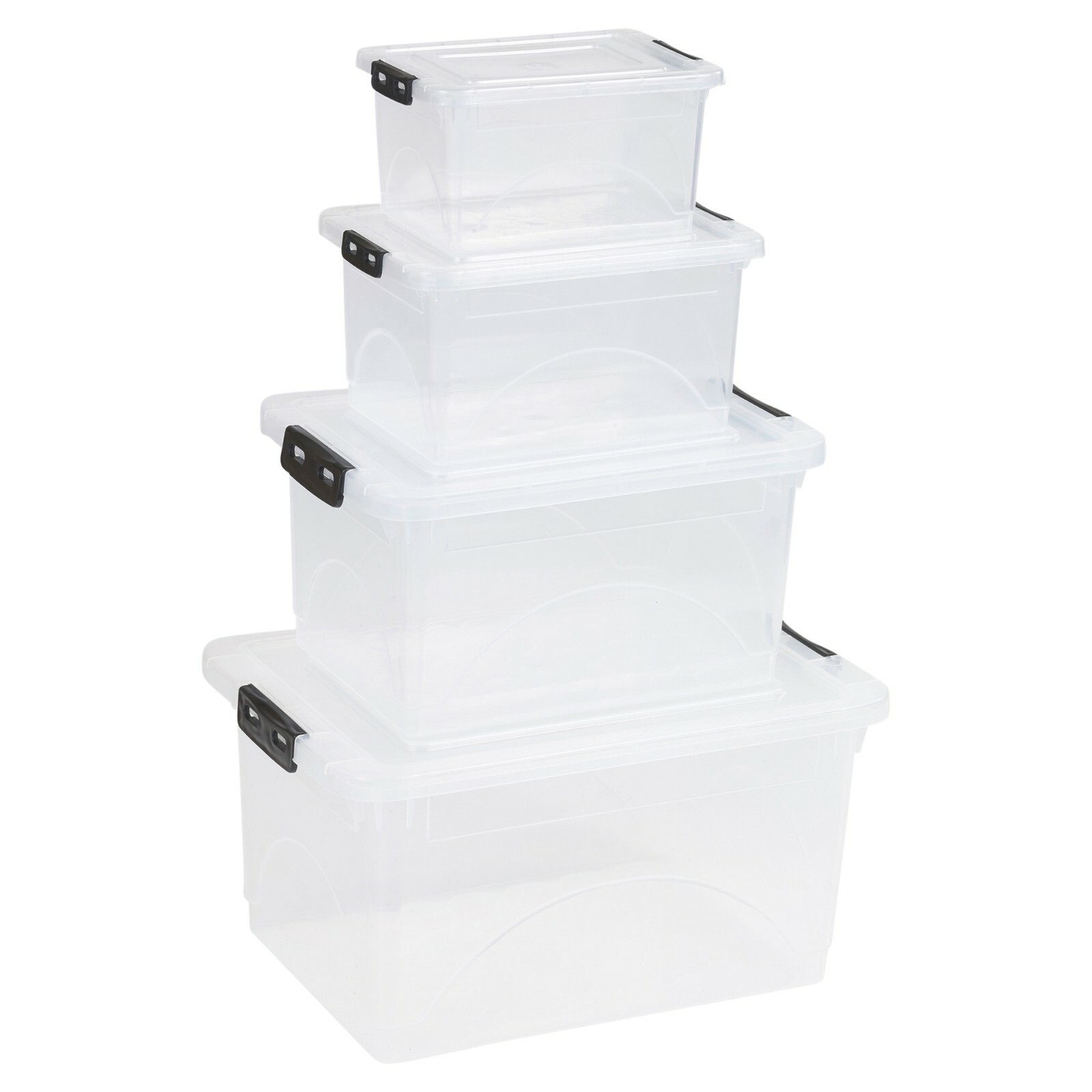 Set Of 4 Plastic Storage Boxes Clip Lid Quality Stackable Container