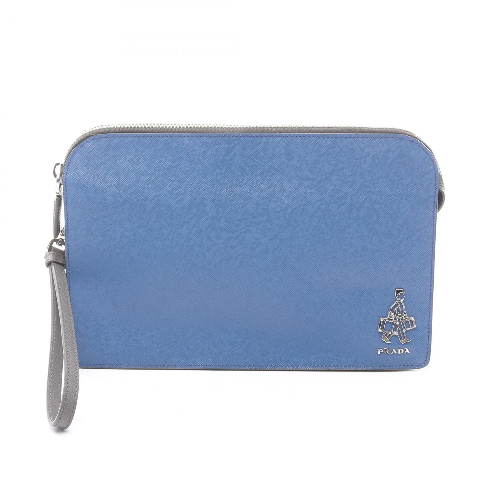 PRADA SAFFIANO TRAVEL Business Clutch bag Pouch 2VF056 leather Blue Gray Used