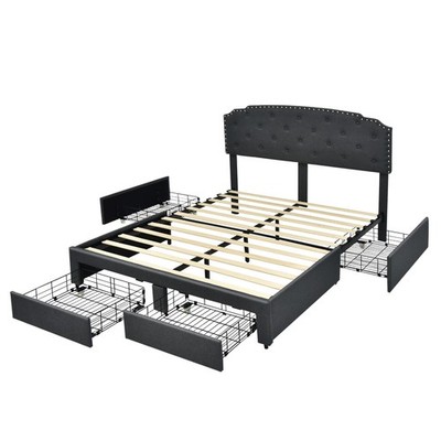 Full Platform Bed Frame with 4 Storage Drawers Adjustable Headboard Grey