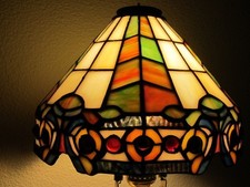 VTG TIFFANY Style Stained Glass Lamp Shade Baroque Mission Design Jewel 14" Diam