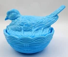 VINTAGE BLUE MILK GLASS BIRD ON NEST BASKET WEAVE CANDY DISH TRINKET BOX