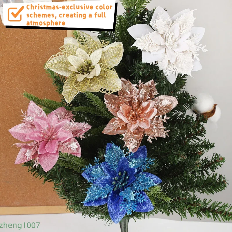 10PCS Christmas Large Poinsettia Glitter Flower Tree Hanging Party Xmas Decor - Image 3 of 4