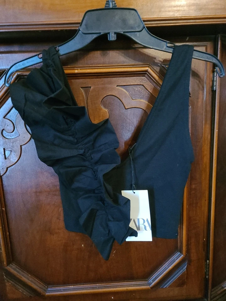 Zara NWT Crop Top Women's Size M S White Sleeveless Plunging V Neck Ruffles Sexy - Image 2 of 4