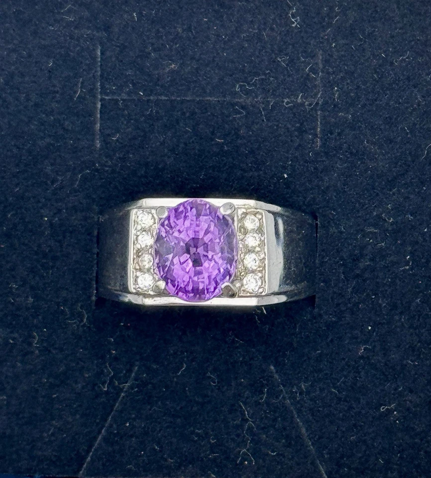 Silver Ring Natural Amethyst & Synthetic Diamonds, Men/Unisex, Size-8 Handmade - Image 3 of 3