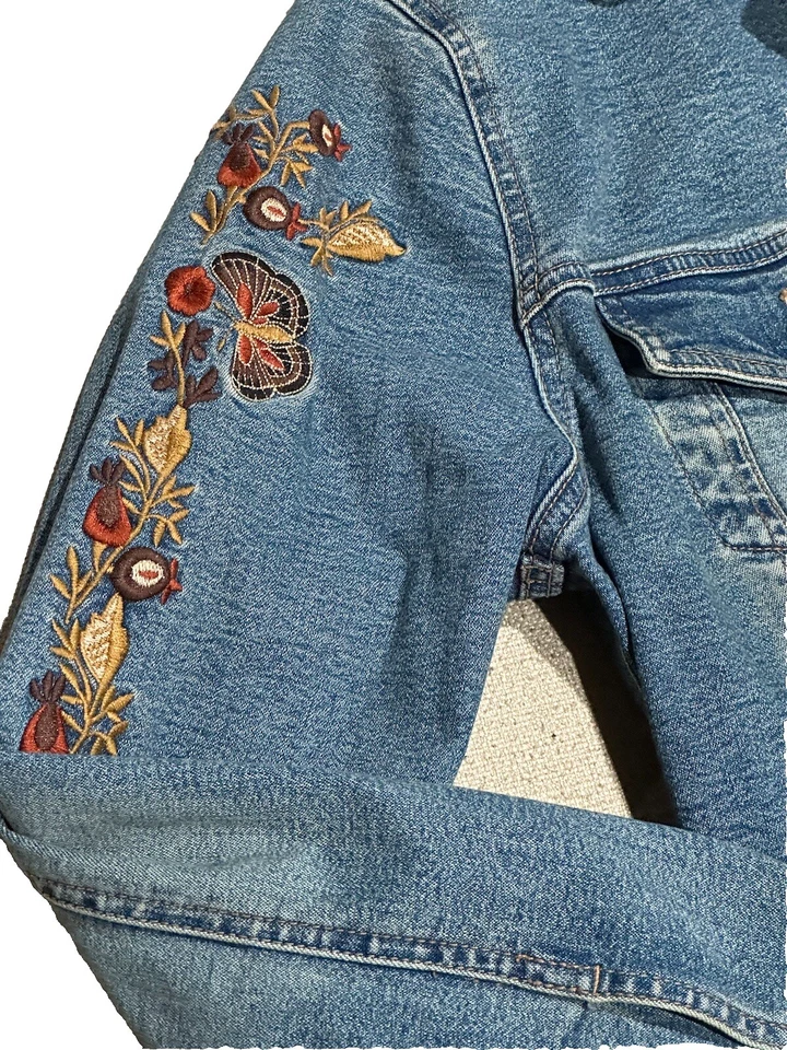 Christopher Blue Upcycled Denim Jean Jacket size S Embroidered Boho Embroidered - Image 3 of 4