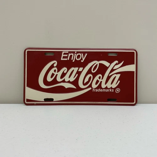 Vintage Enjoy Coca Cola Red Embossed Metal License Plate Coke Licence Advertise