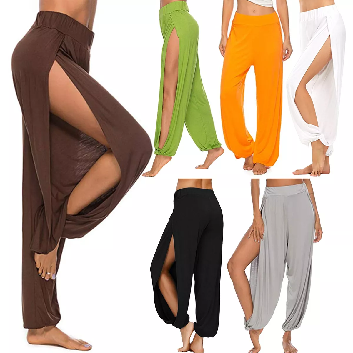 Womens Side Split Harem Trouser Ladies High Waist Loose Pant Baggy Yoga  Leggings