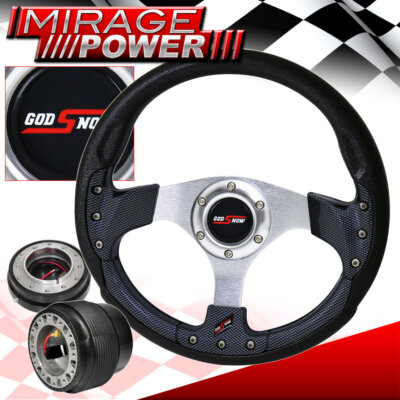 Black Carbon Fiber Silver Steering Wheel + Slim Quick Release For 89-05 Eclipse