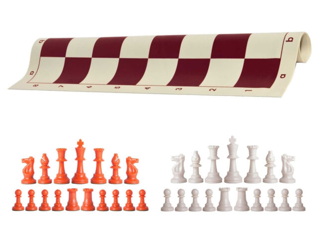 Orange & White Chess Pieces 20" Burgundy Vinyl Board - Triple Weight Chess Set