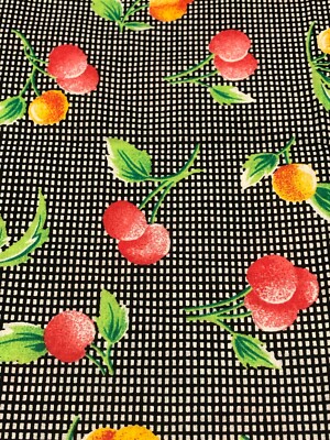 NOS 60''Lx45''W blk/wht tiny check w/red/orange fruit print by General Fabrics Co.