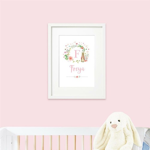 Peter Kaninchen personalisiert rosa Blumen Name Kinderzimmer Druck Wandkunst Geschenk Baby Mädchen - Bild 2 von 4
