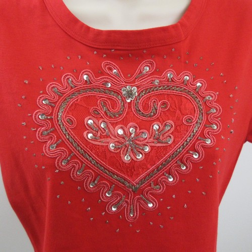 Esprit Womens T-Shirt Sz XL Red Short Cap Sleeves 100% Cotton Embellished Heart - Picture 2 of 10