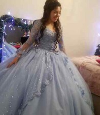 Princess Quinceanera Dresses Ball Gown Long Sleeve Light Sky Blue Lace Sweet 16