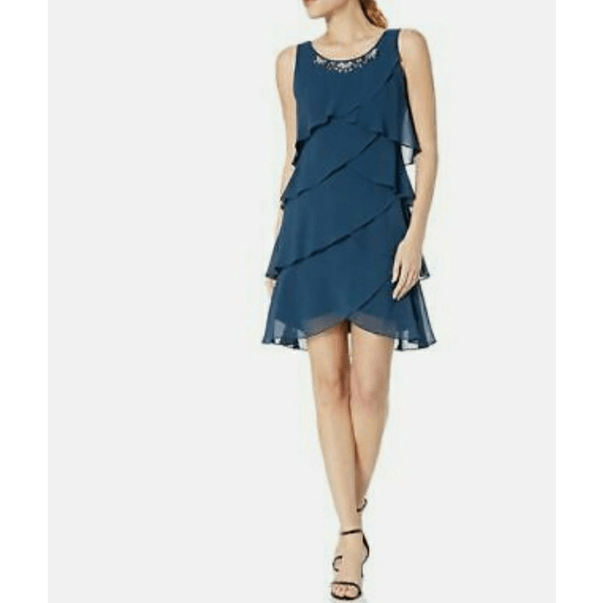 SL Fashion Tulip Tier Dress Beaded Neckline Chiffon Shift NWOT Size 10  Petite