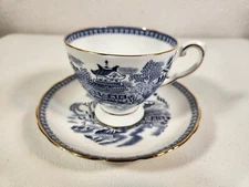 Tuscan Tea Cup Saucer England Bone China Blue White Asian Country Villa Scene