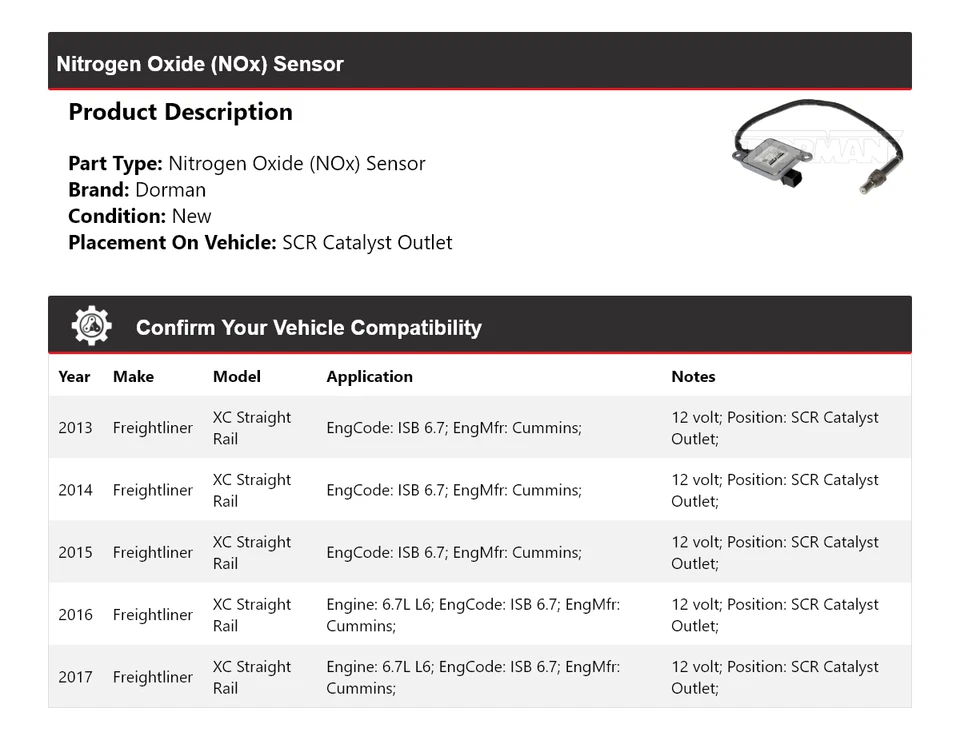 Sensor de óxido de nitrógeno (NOx) Dorman de riel recto Freightliner XC 2013-2017 Foto 2 de 4