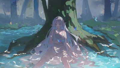 Anime sousou no frieren hair down sitting in water Stitched Gaming Mat Desk
