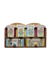 Vintage Drewniany stojak na przyprawy 4 ceramiczne wytrząsarki 2 szuflady Fred Robert's Company