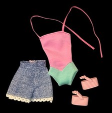 Vintage Barbie One Piece Bathing Suit Swimsuit Denim Shorts Sandals Outfit Lot