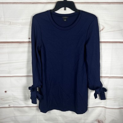Halogen Tie Sleeve Top Womens Small Navy Blue Solid Long Sleeve Crew Neck Tunic