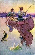 Canoe Couple  (Fishing) Vintage Reproduction Postcard