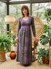 Vintage 1970s Barkcloth Maxi Dress Long Sleeve Purple Abstract Tiki Boho Small