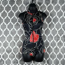 Vintage Roxanne Swimsuit Women 12 B Cup Black Red High Neck Zip Up Rose 70s 80s