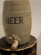 VINTAGE MOIRA POTTERY STONEWARE BEER KEG DISPENSER WITH CORK TAP  KEG BARREL TAN