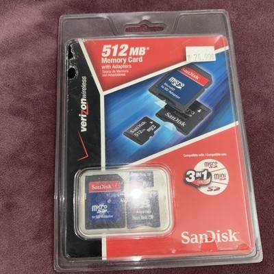 VERIZON SanDisk 512 MB Memory Card 3 in 1 With Adapters SD Micro SD Read Desc