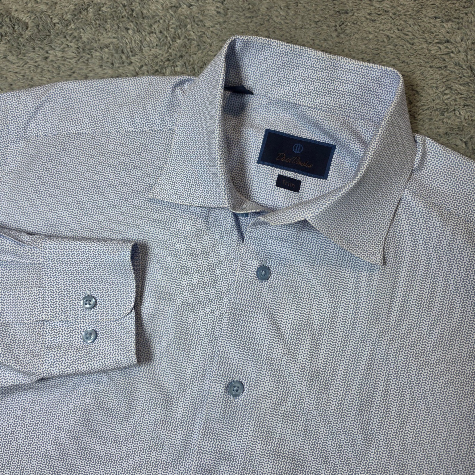 David Donahue Dress Shirt Mens 16.5 34/35 Blue Geometric Trim Fit Long Sleeve