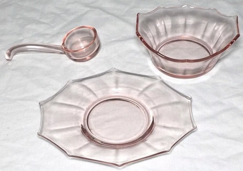 Vintage Pink Depression Glass Mayonnaise Set w/ Ladle & Plate Octogonal