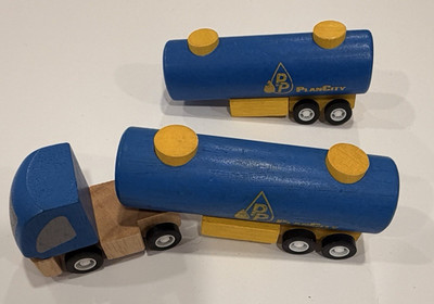 Lot of 3 Plan Toys Plan City Blue Semi Truck & 2 Fuel / Oil Trailers