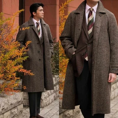 Tweed Herren Fischgräte Mantel Übers Knie Einreihig Freizeit Retro Klassisch Fit - Bild 1 von 4
