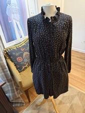 Loft Sz 10 Black Midi Dress Small Terra Cotta Detail Ruffle Neck Buttons Classy 