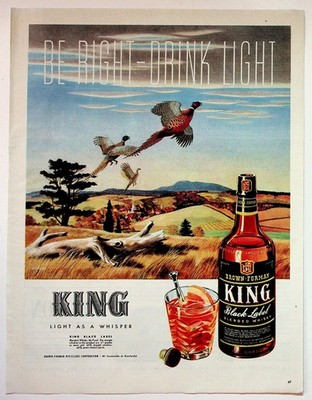 Brown-Forman KING Whiskey Ad Vintage Pheasant Hunting Print 1940s-50s Bar