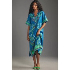 NWT ANTHROPOLOGIE X FARM RIO Short-Sleeve Collared Midi Dress Blue XS