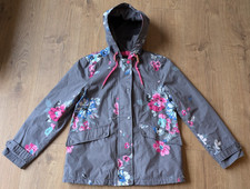 Joules Womens Coast Grey Floral Cotton Raincoat Hooded Pockets SIZE UK 12