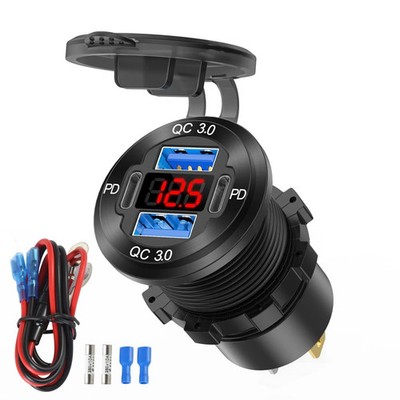 12V USB Outlet 4 Port Car Charger Socket, Dual PD USB C and Dual Charge 3.0 Port