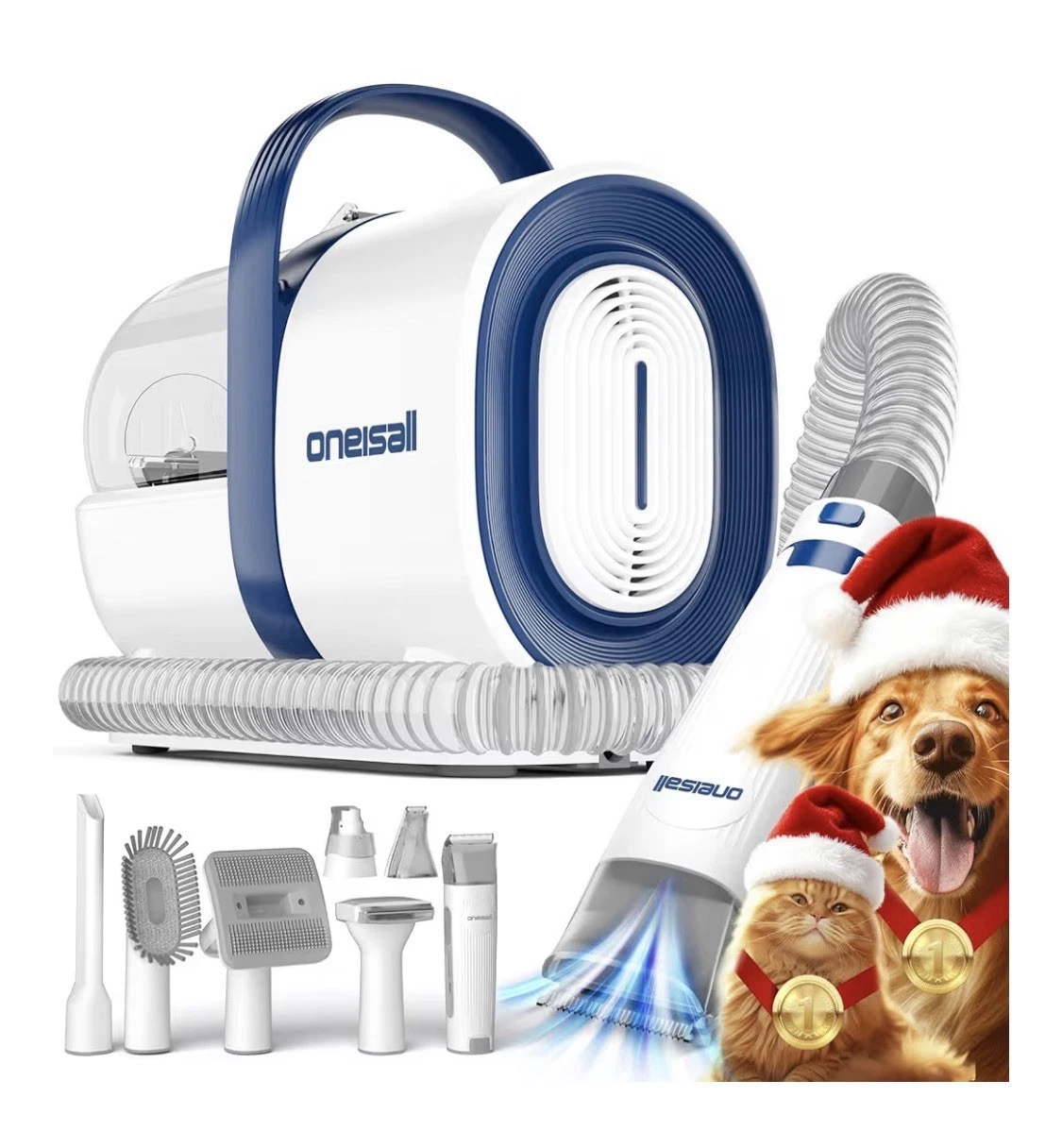 Oneisall Pet & Dog Grooming Vacuum Model LM2 Blue 1.5L w/ 7 Tools & storage bag