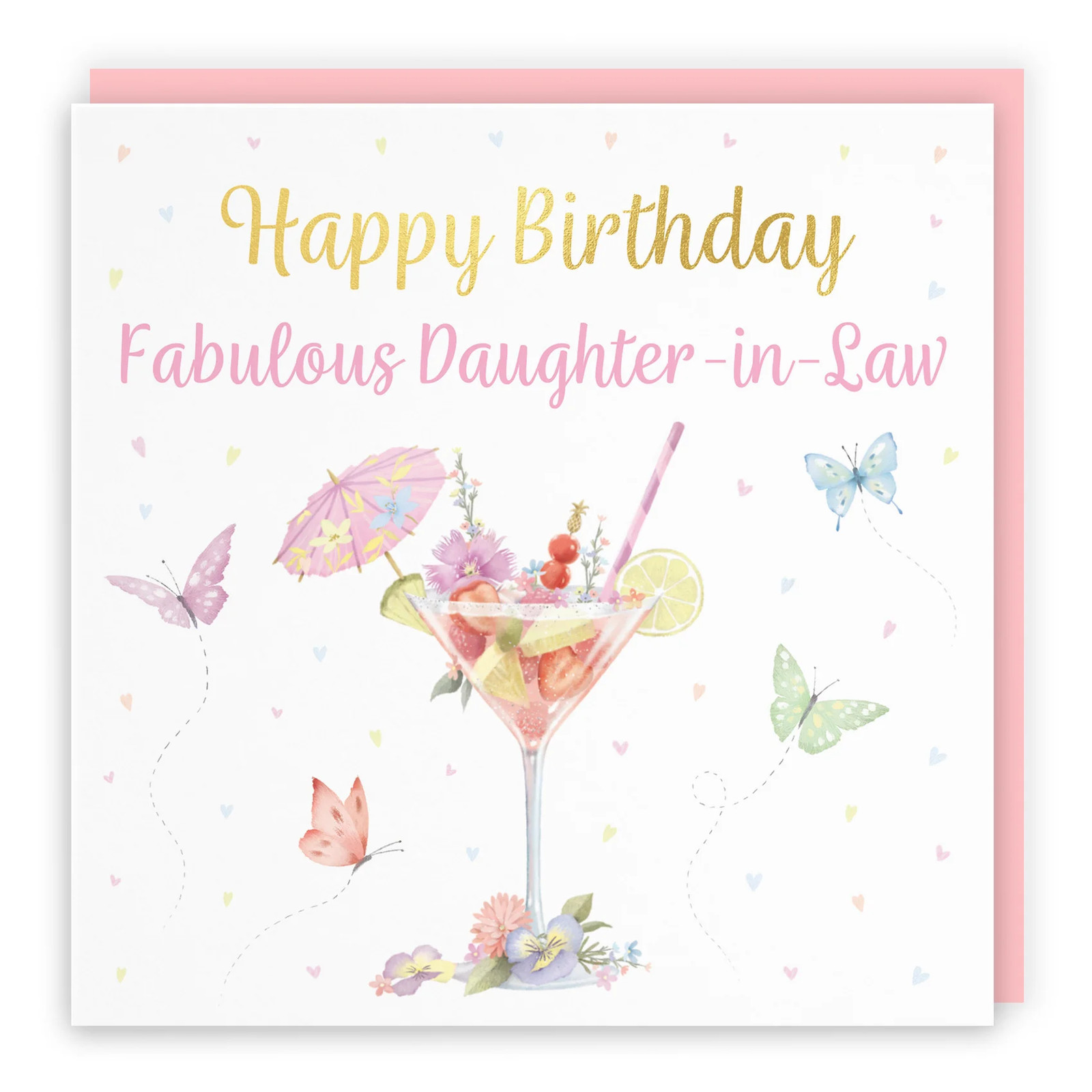Daughter In Law Pink Cocktail And Butterflies Birthday Card Gold Foil Milo's Gal