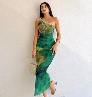 2024 new European sexy lady seaside beach long dress grass green one  shoulder | eBay