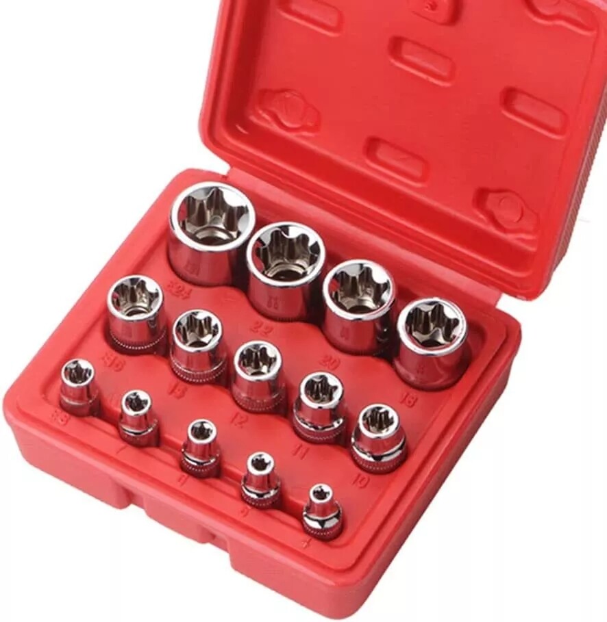 14PC E Torx Socket Set Female Start Bit External Hex Torque E4-E24 With Case