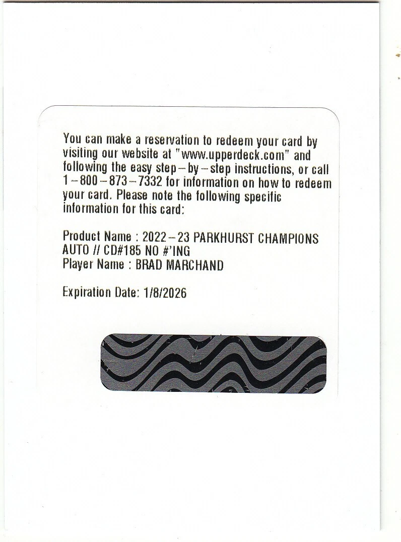 2022-23 PARKHURST CHAMPIONS AUTOGRAPH REDEMPTION CARD, **BRAD MARCHAND**.