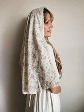 Pink Floral Cotton Beige Mantilla Mass Veils Head Covering Church D Shape Women